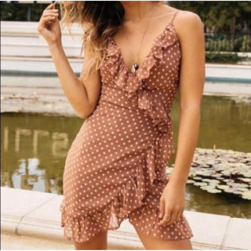 LIONESS Polka Dot Wrap Dress Sz‎ M/L 90s Y2K Strappy Ruffle Sundress Flutter Hem